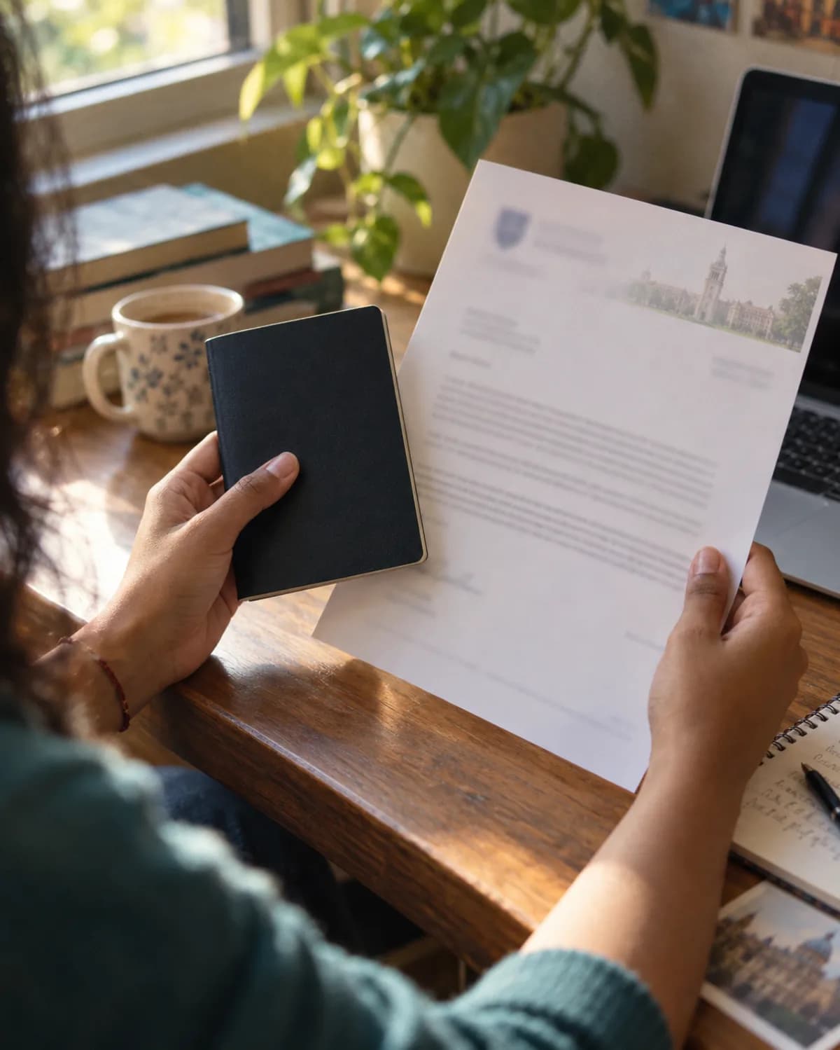 Student holding a passport and a university acceptance letter